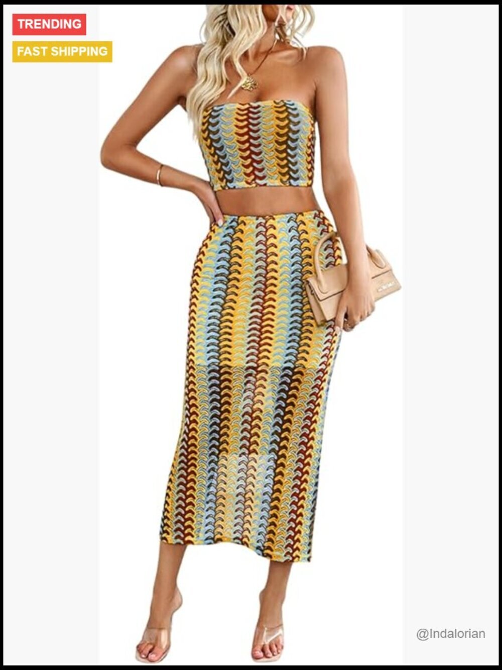Sheer Tube Crop Top & Bodycon Midi Skirt Set, Boho Crochet Beach Outfit